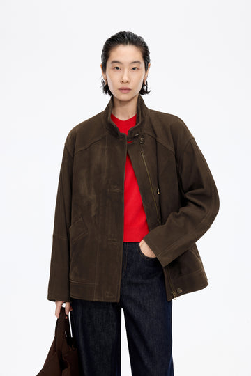 [Same Style in Shopping Mall] JNBY/Jiangnan Buyi 25 Winter New Leather Garment Standing Collar Long Sleeve H Type 5P0A12830